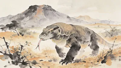 Visual depiction of A Komodo dragon walking slowly through dry island scrub