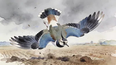 Visual depiction of A lapwing performing a distraction display on open farmland