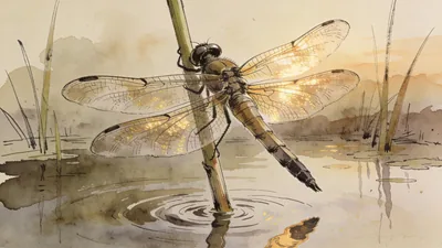 Visual depiction of A large dragonfly resting on a reed stem above a still pond