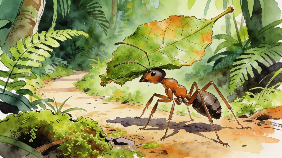 Visual depiction of A leafcutter ant carrying a leaf fragment many times its size along a jungle path