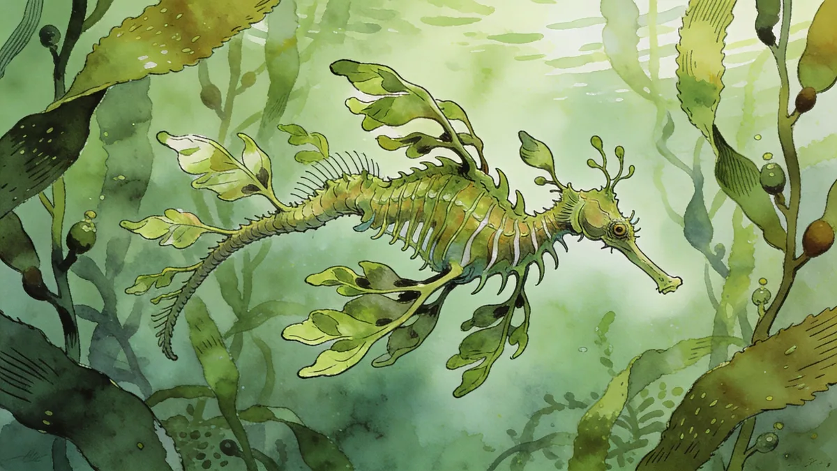 Visual depiction of A leafy sea dragon hovering in a kelp forest