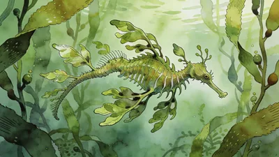Visual depiction of A leafy sea dragon hovering in a kelp forest