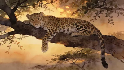 Visual depiction of A leopard draped lazily over an acacia branch at dusk