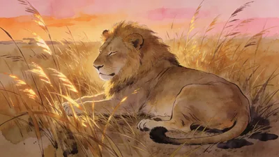 Visual depiction of A lion resting in tall golden savanna grass at dusk