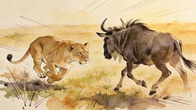 Visual depiction of A lioness crouching low as she stalks a wildebeest across open plain at golden hour