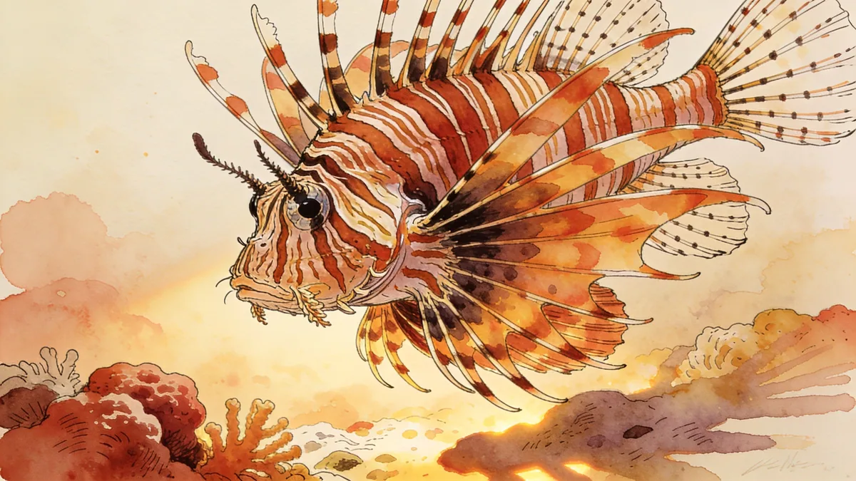 Visual depiction of A lionfish hovering above a reef