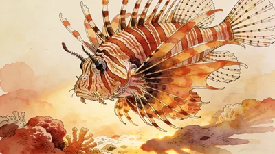 Visual depiction of A lionfish hovering above a reef