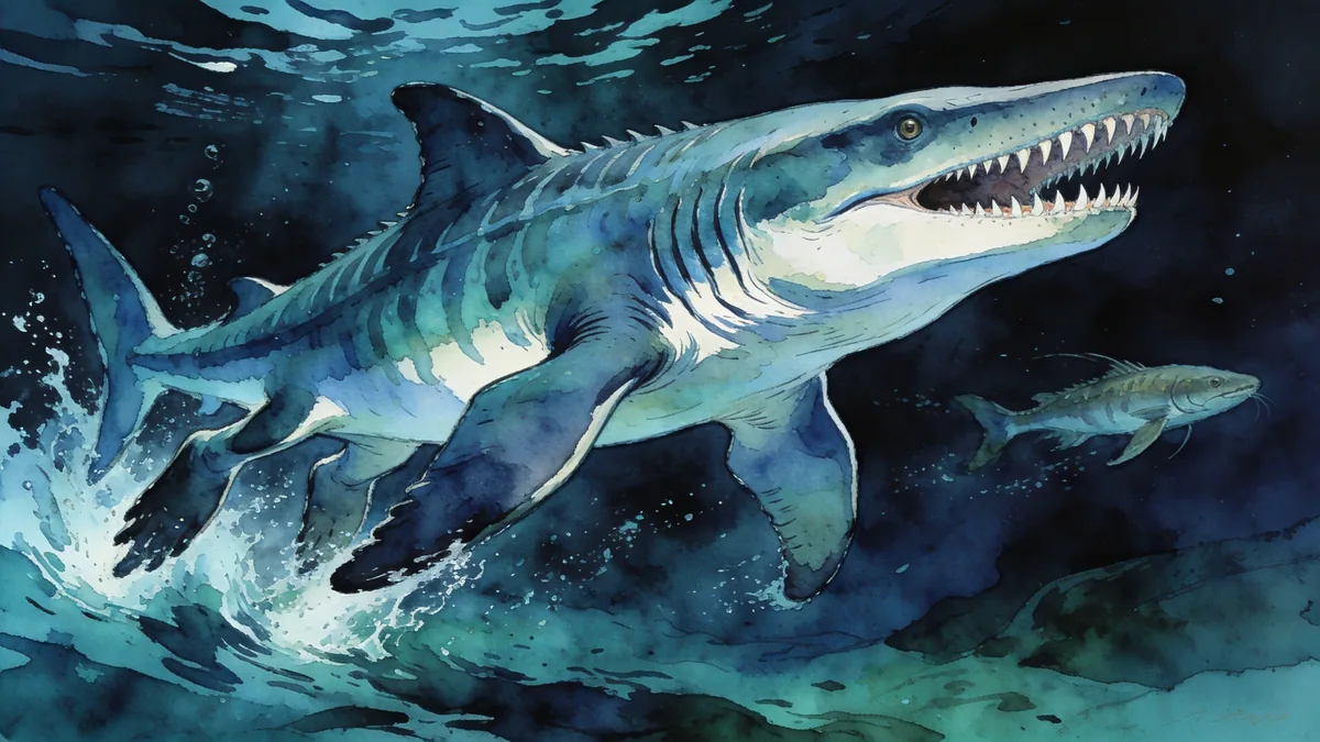 Visual depiction of A Liopleurodon pursuing prey through a dark Jurassic ocean