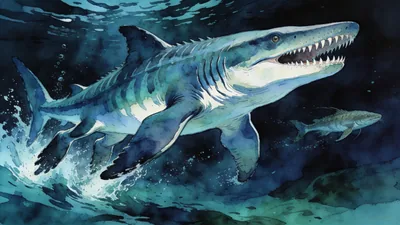 Visual depiction of A Liopleurodon pursuing prey through a dark Jurassic ocean