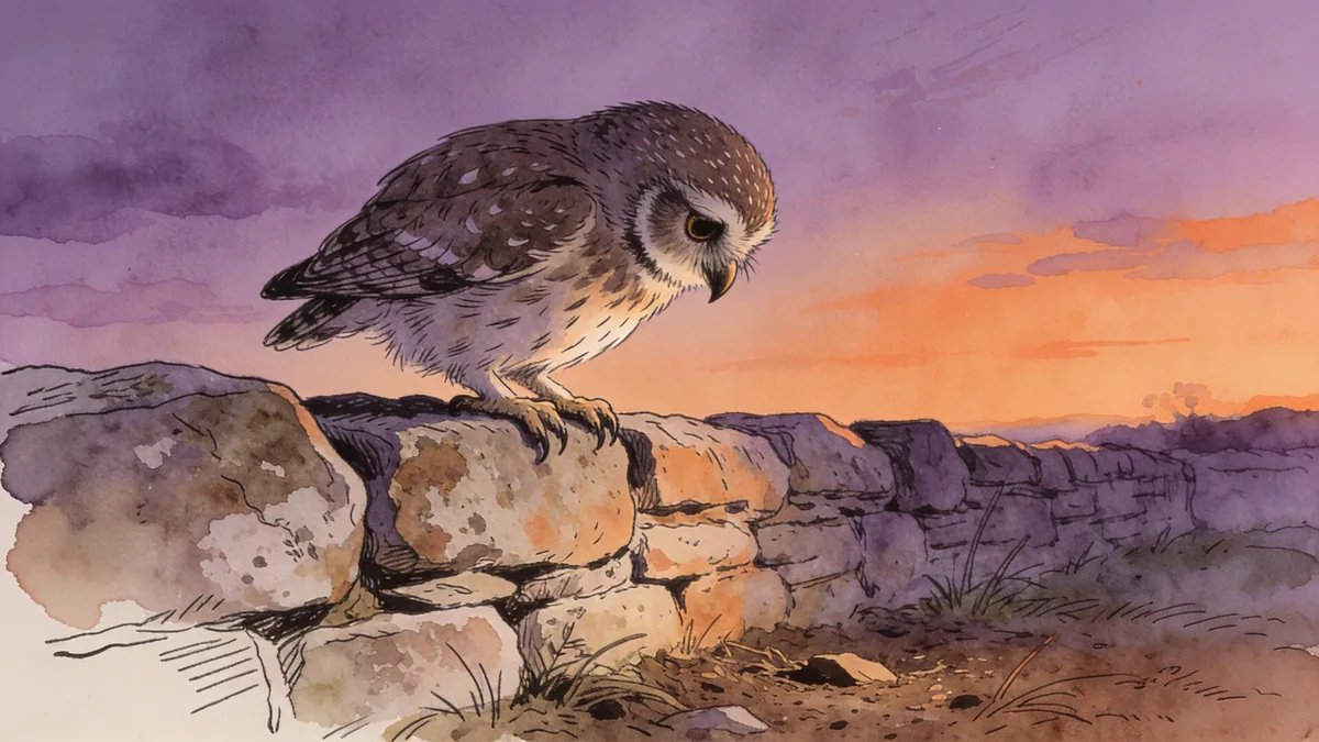 Visual depiction of A little owl perched on an old stone wall at twilight
