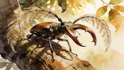 Visual depiction of A long-horned titan beetle on an Amazonian tree