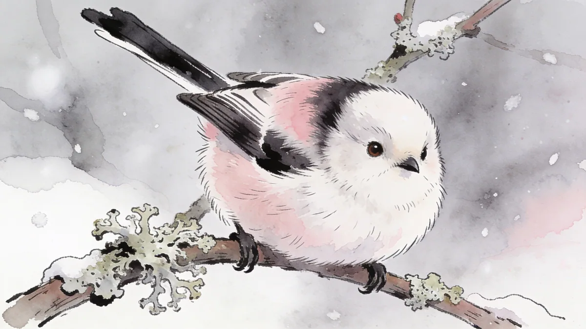 Visual depiction of A long-tailed tit clinging to a lichen-covered twig in winter