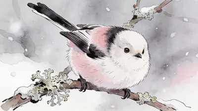 Visual depiction of A long-tailed tit clinging to a lichen-covered twig in winter