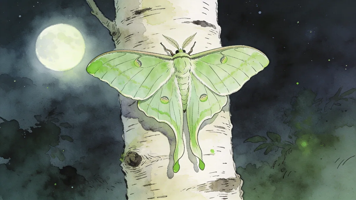 Visual depiction of A luna moth resting on pale birch bark at night
