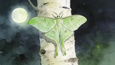 Visual depiction of A luna moth resting on pale birch bark at night