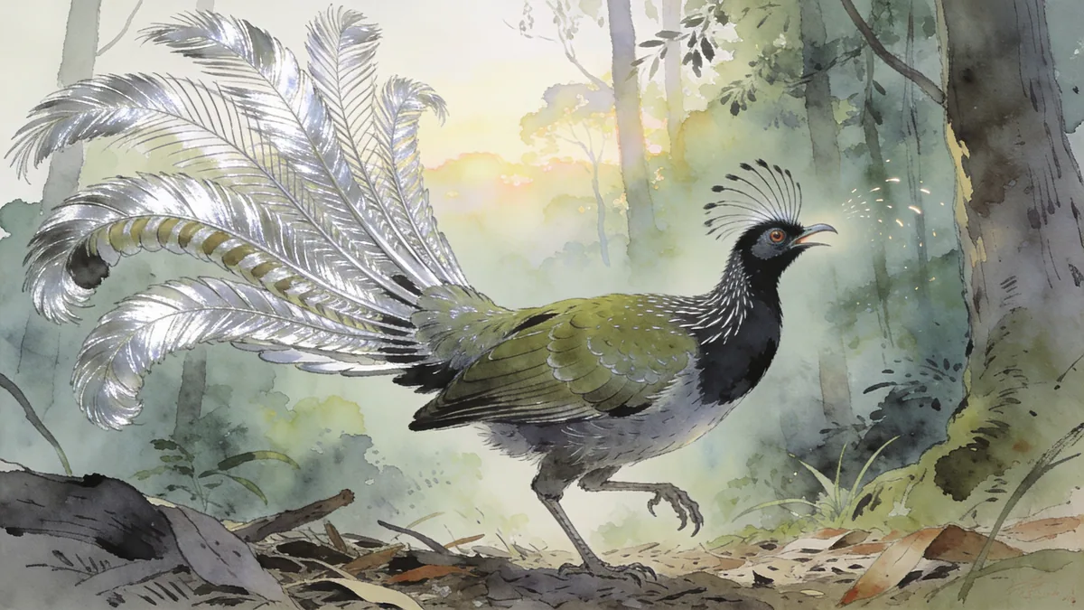 Visual depiction of A lyrebird male displaying spectacular tail in an Australian forest