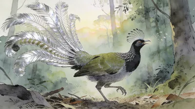 Visual depiction of A lyrebird male displaying spectacular tail in an Australian forest
