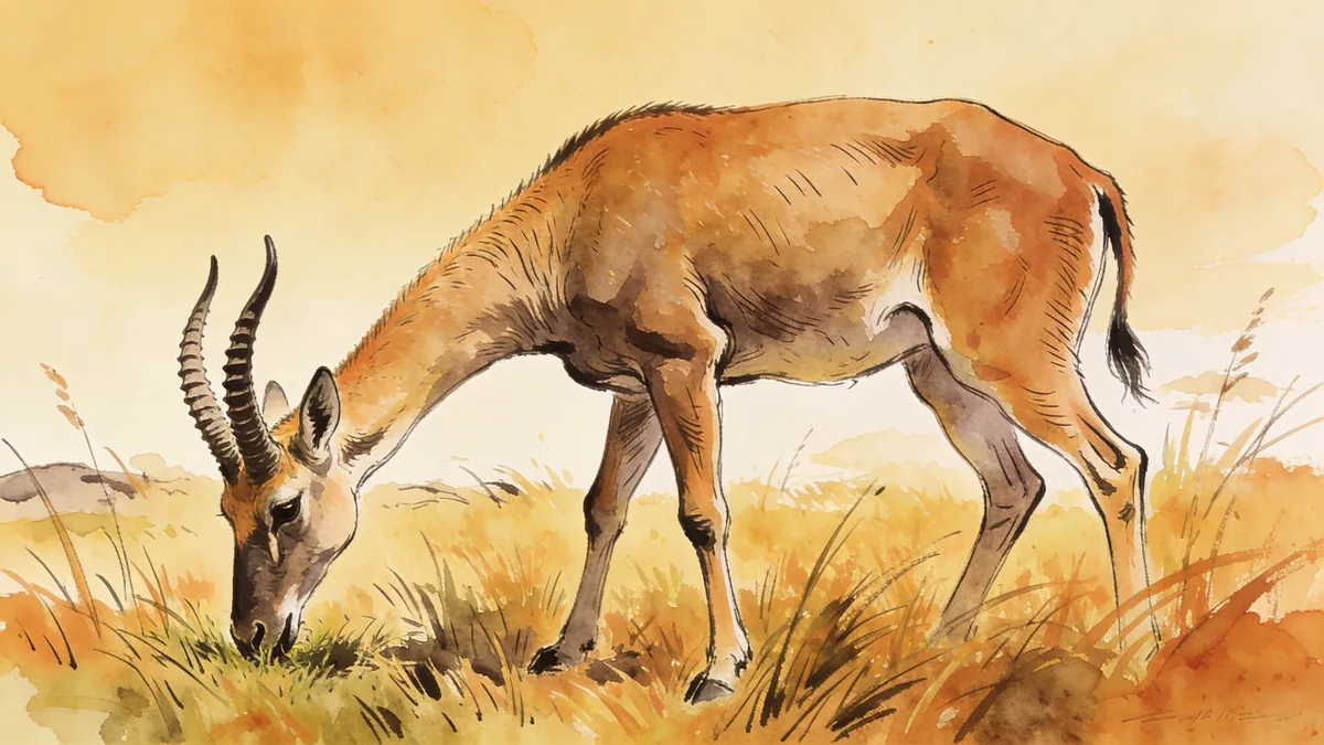 Visual depiction of A Macrauchenia — the strange long-necked South American native ungulate — grazing in a Pleistocene grassland