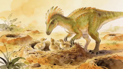 Visual depiction of A Maiasaura mother watching over a nest full of hatchlings in a Cretaceous nesting colony