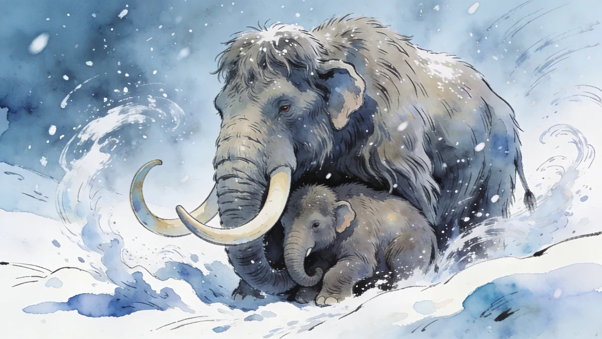 Visual depiction of A mammoth calf sheltering under its mother during a Pleistocene blizzard