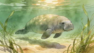 Visual depiction of A manatee drifting slowly through shallow coastal sea grass
