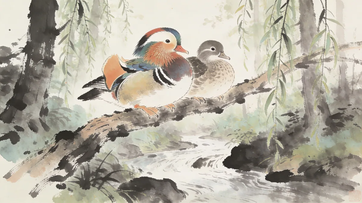 Visual depiction of A mandarin duck pair resting on a willow branch above a forest stream