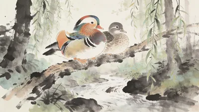 Visual depiction of A mandarin duck pair resting on a willow branch above a forest stream