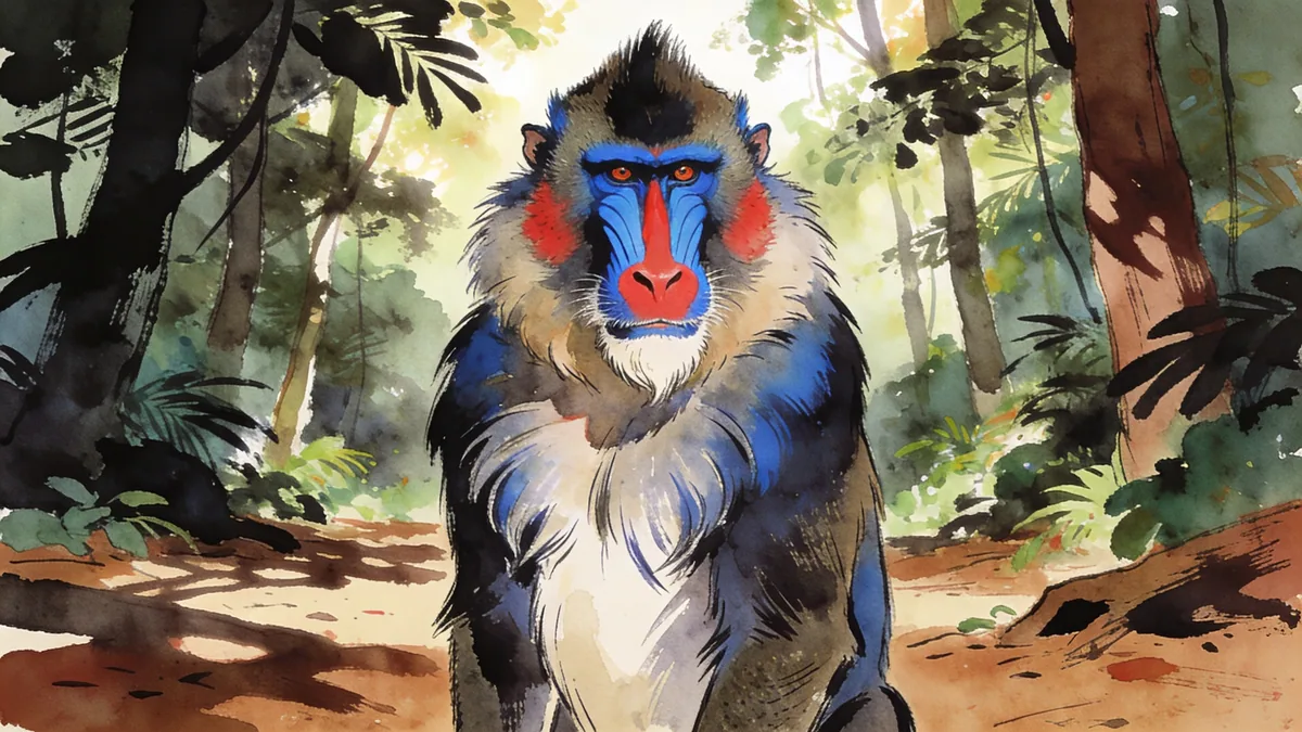 Visual depiction of A mandrill male displaying vivid facial colouring in a West African forest clearing