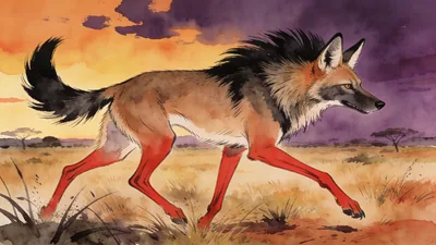 Visual depiction of A maned wolf stepping through Brazilian Cerrado at dusk