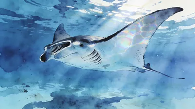 Visual depiction of A manta ray gliding through clear blue ocean