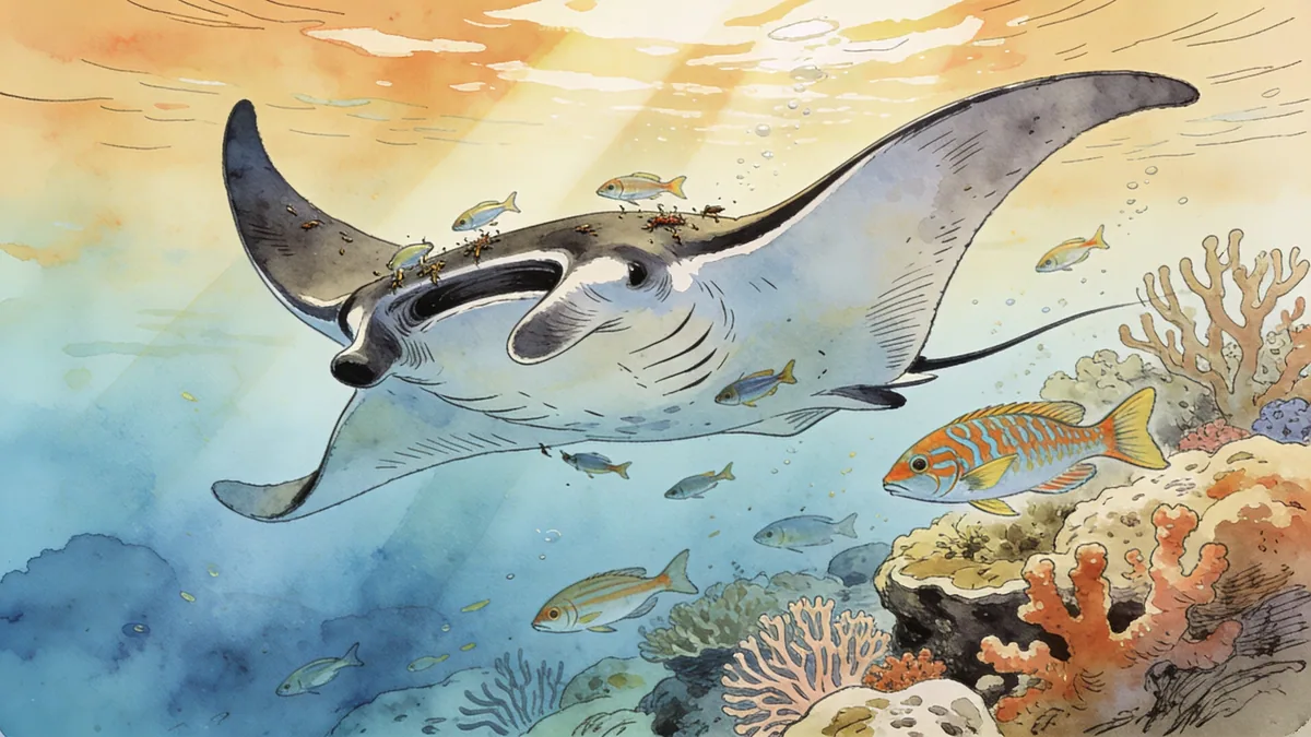 Visual depiction of A manta ray gliding through a cleaning station on a reef