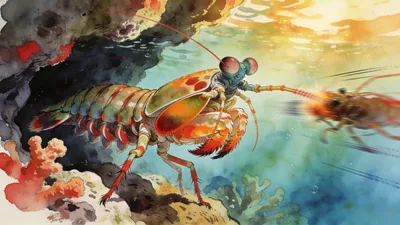 Visual depiction of A mantis shrimp striking at prey in a reef crevice