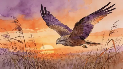 Visual depiction of A marsh harrier quartering low over a reedbed at sunset