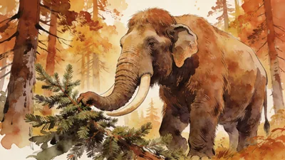 Visual depiction of A mastodon in a boreal forest