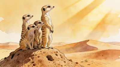 Visual depiction of A meerkat family standing sentinel on a termite mound at midday