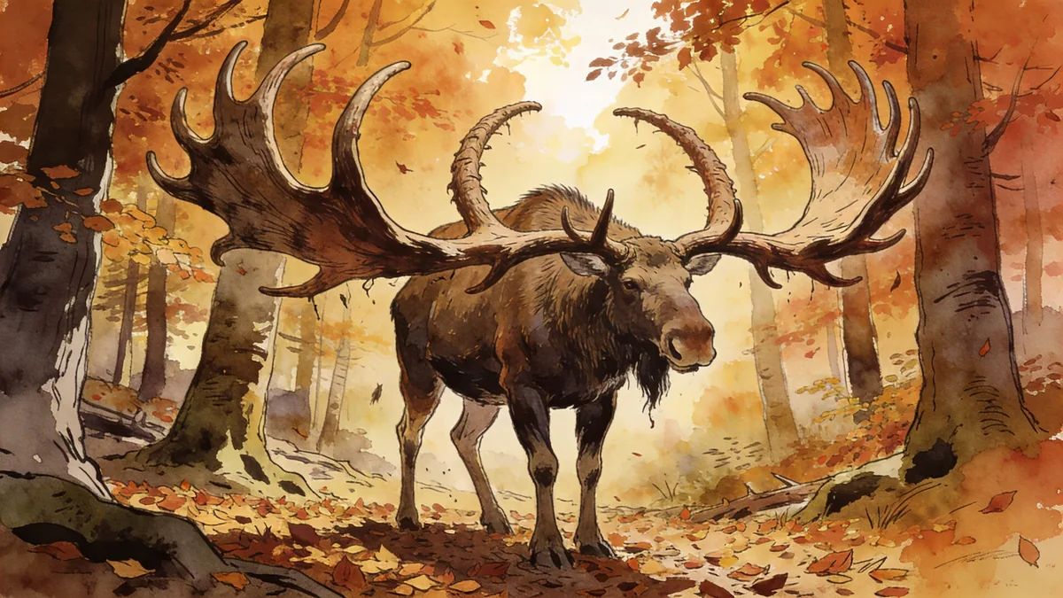 Visual depiction of A Megaloceros Irish elk bull displaying its three-metre antler span in an autumn European forest