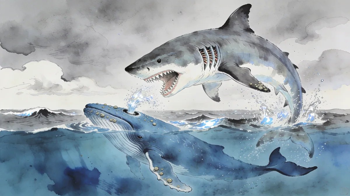 Visual depiction of A Megalodon breaching beside a whale in the Miocene ocean
