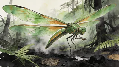 Visual depiction of A Meganeura giant dragonfly hunting in a Carboniferous coal swamp
