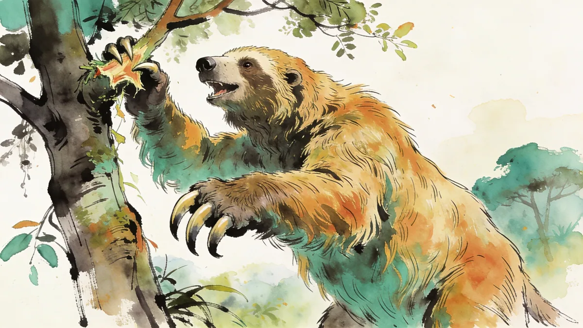 Visual depiction of A Megatherium giant ground sloth rearing up to strip a South American tree