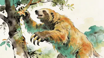 Visual depiction of A Megatherium giant ground sloth rearing up to strip a South American tree