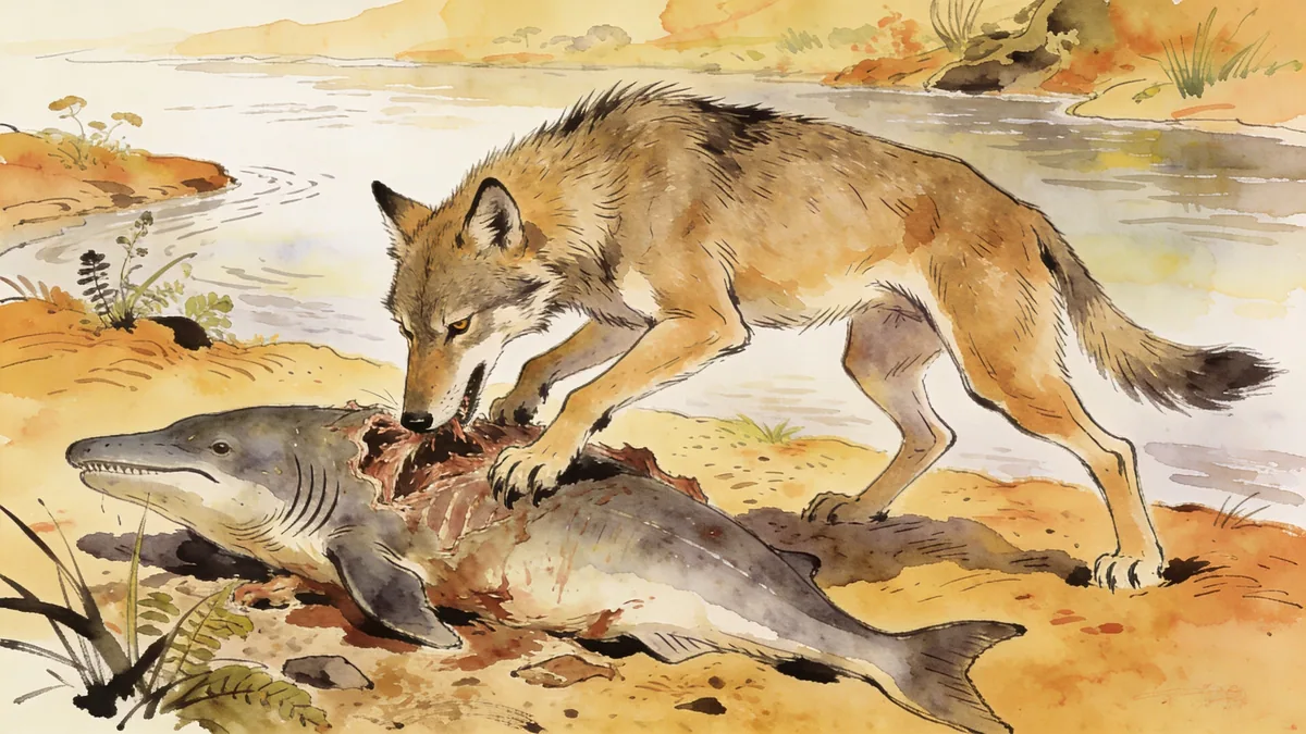 Visual depiction of A Mesonyx — wolf-like condylarth — scavenging a carcass on an Eocene riverbank
