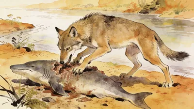 Visual depiction of A Mesonyx — wolf-like condylarth — scavenging a carcass on an Eocene riverbank