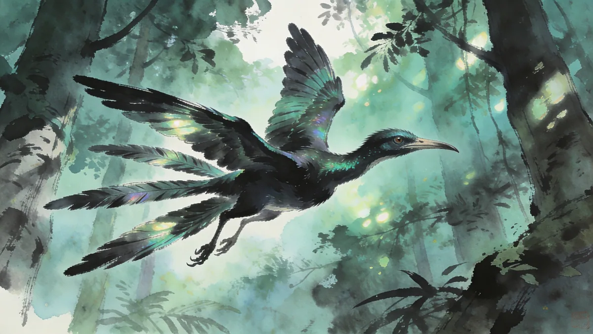 Visual depiction of A Microraptor gliding between trees in a Cretaceous Chinese forest