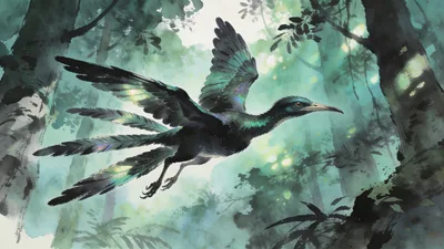 Visual depiction of A Microraptor gliding between trees in a Cretaceous Chinese forest