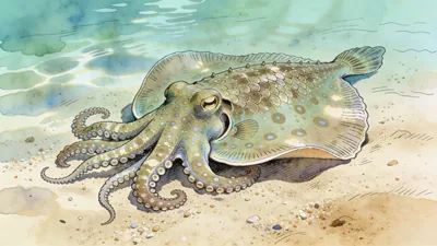 Visual depiction of A mimic octopus transforming its body to resemble a flatfish