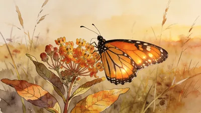 Visual depiction of A monarch butterfly resting on an autumn milkweed flower in a meadow