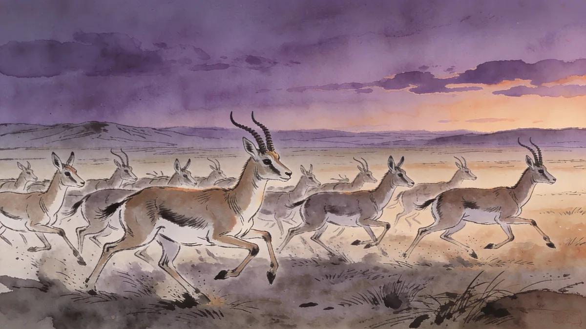 Visual depiction of A Mongolian gazelle herd moving across vast open steppe at dusk