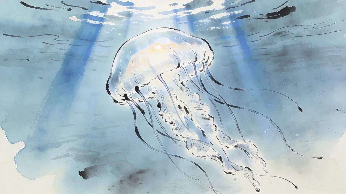 Visual depiction of A moon jellyfish drifting in open ocean