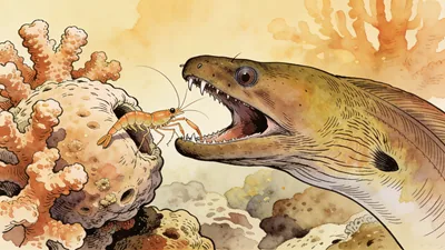 Visual depiction of A moray eel extending from a coral head