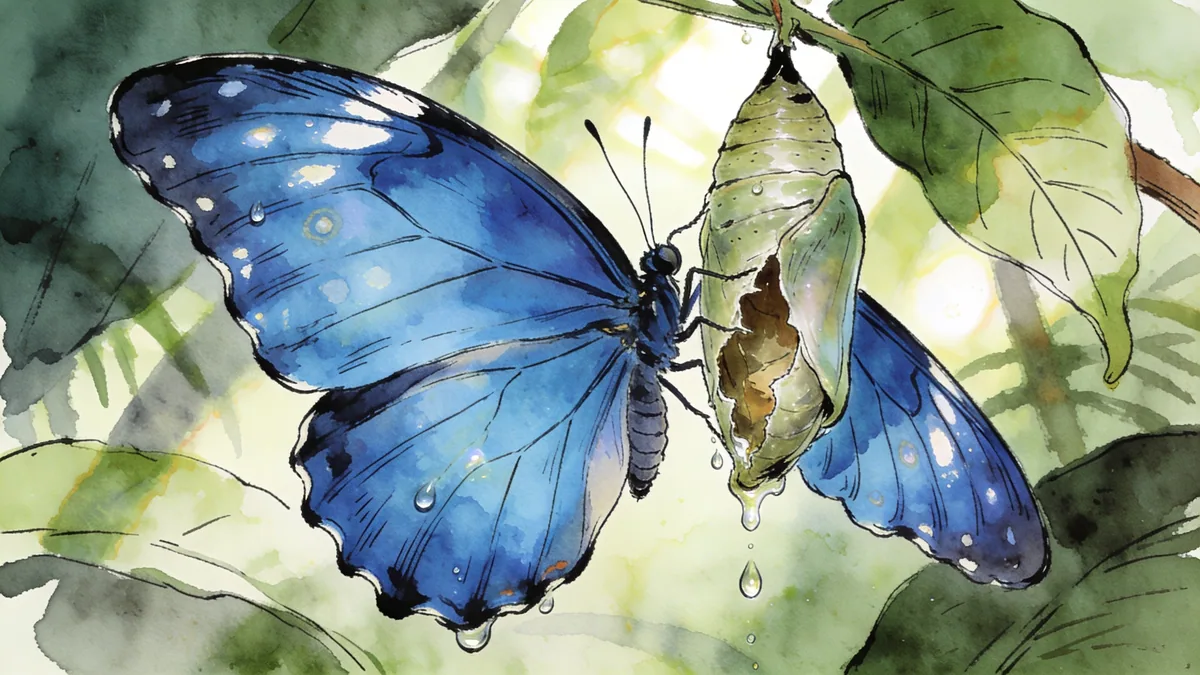 Visual depiction of A Morpho butterfly chrysalis splitting open as the adult emerges